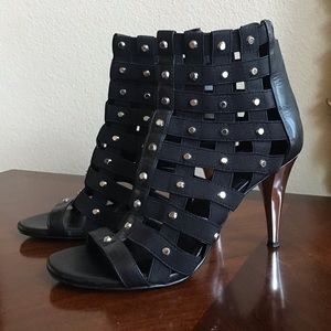 Micheal Kors black caged studded leather silver heeled shoes